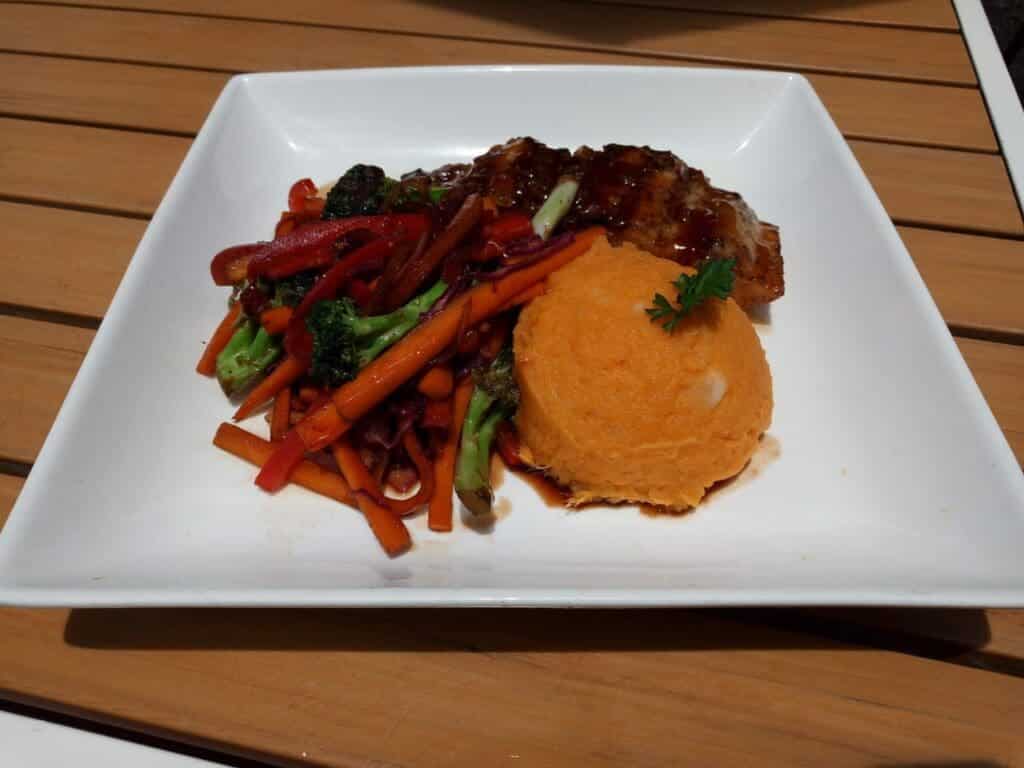 Glazed-Protein-with-Mashed-Sweet-Potatoes-and-Sautéed-Vegetable-Medley